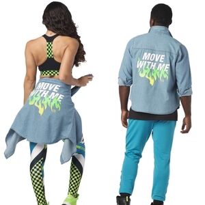 Zumba Fitness Light Blue Denim Button-Down with Neon Green Flame Graphic